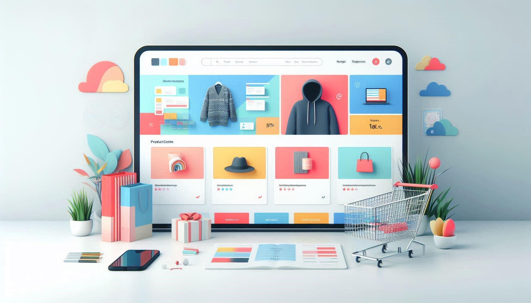 Illustration of an online shop displayed on a desktop screen
