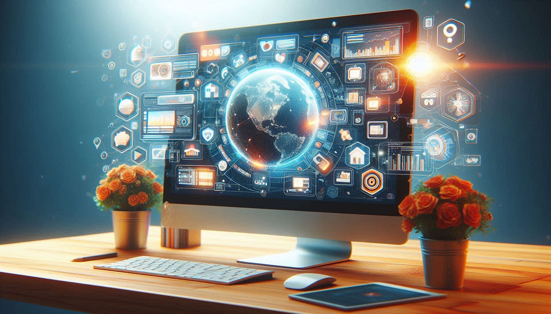 Desktop monitor displaying digital website interface graphics